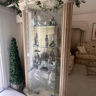 Glass Curio Display Cabinet Oval Birch Wood Lighted