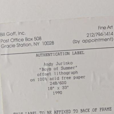 Signed & Numbered Litho With Authentication Label Andy Jurinko "Boys Of Summer" Offset Lithograph 1990