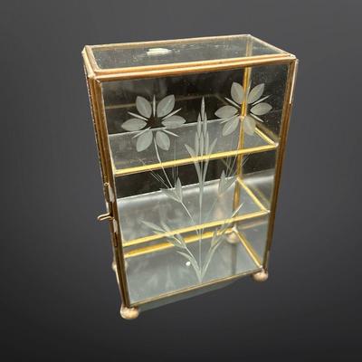 Vintage Brass Etched Glass Footed Jewelry Display