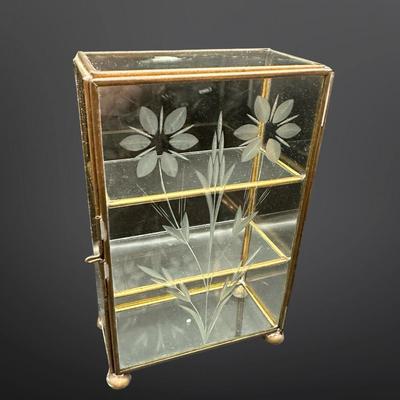 Vintage Brass Etched Glass Footed Jewelry Display