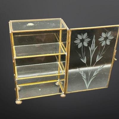 Vintage Brass Etched Glass Footed Jewelry Display