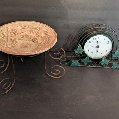 Ingraham Quartz Battery Operated Clock & Pottery Bowl With Metal Stand