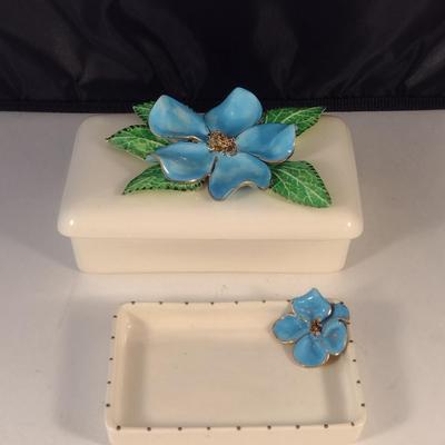 Vintage Ceramic Trinket Box and Dish with Applied Flower Design- Marked Rippers of Calif