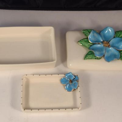 Vintage Ceramic Trinket Box and Dish with Applied Flower Design- Marked Rippers of Calif