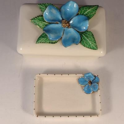 Vintage Ceramic Trinket Box and Dish with Applied Flower Design- Marked Rippers of Calif