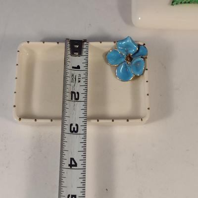 Vintage Ceramic Trinket Box and Dish with Applied Flower Design- Marked Rippers of Calif