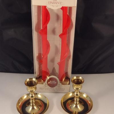 Pair of Brass Candlestick Holders with Beeswax Candles