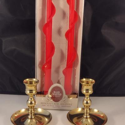 Pair of Brass Candlestick Holders with Beeswax Candles