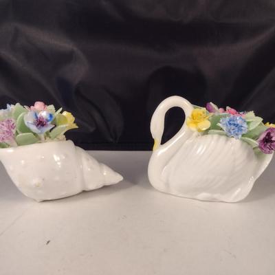 Pair of Porcelain Miniature Posy Figurines- Swan and Seashell