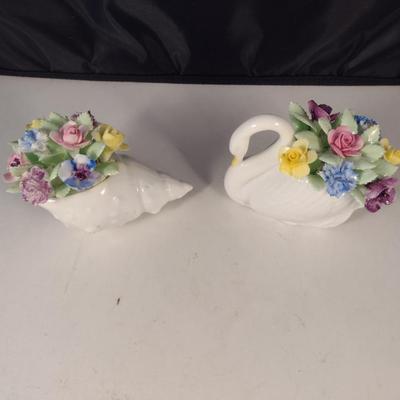 Pair of Porcelain Miniature Posy Figurines- Swan and Seashell