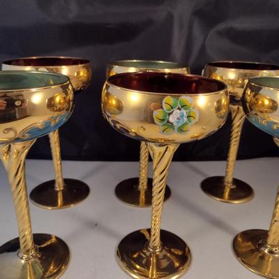 Tall Crystal Wine Glasses Gilt with Floral Design and Swirled Stems- Possibly Moser- Mixed Colors