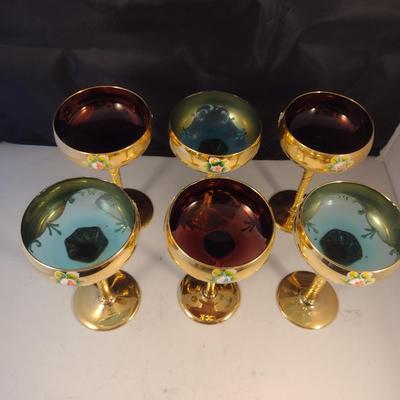 Tall Crystal Wine Glasses Gilt with Floral Design and Swirled Stems- Possibly Moser- Mixed Colors