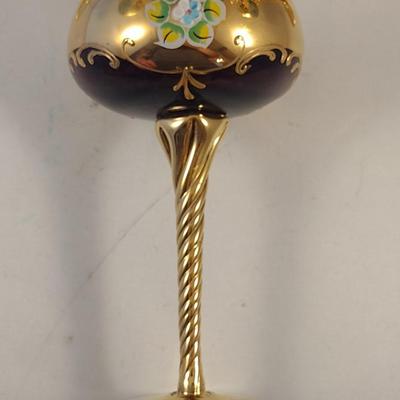 Tall Crystal Wine Glasses Gilt with Floral Design and Swirled Stems- Possibly Moser- Mixed Colors