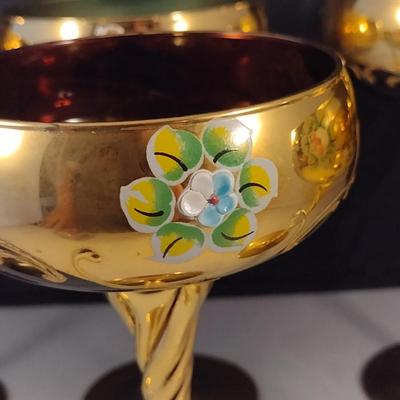 Tall Crystal Wine Glasses Gilt with Floral Design and Swirled Stems- Possibly Moser- Mixed Colors