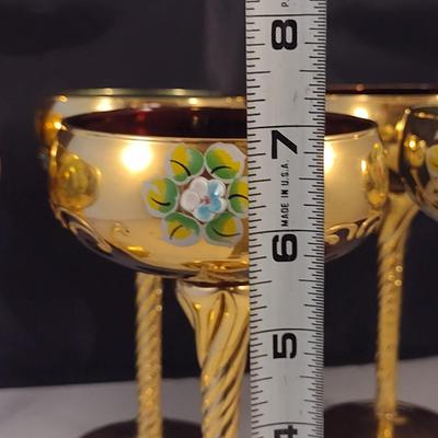Tall Crystal Wine Glasses Gilt with Floral Design and Swirled Stems- Possibly Moser- Mixed Colors