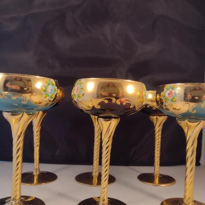Tall Crystal Wine Glasses Gilt with Floral Design and Swirled Stems- Possibly Moser- Mixed Colors