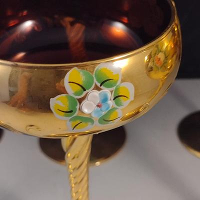 Tall Crystal Wine Glasses Gilt with Floral Design and Swirled Stems- Possibly Moser- Mixed Colors