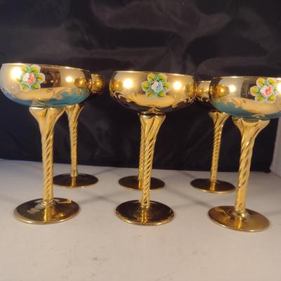 Tall Crystal Wine Glasses Gilt with Floral Design and Swirled Stems- Possibly Moser- Mixed Colors