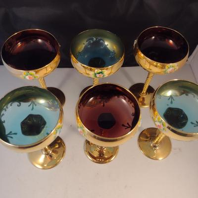 Tall Crystal Wine Glasses Gilt with Floral Design and Swirled Stems- Possibly Moser- Mixed Colors