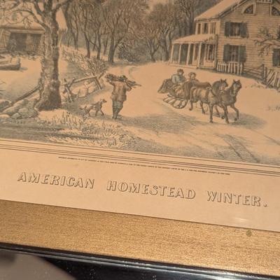 Antique "American Homestead Winter" Scene Currier & Ives Wood Framed Mirror 1940's