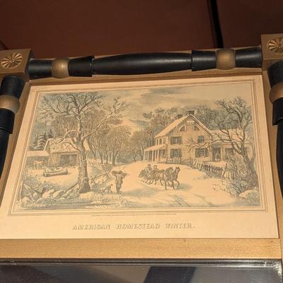 Antique "American Homestead Winter" Scene Currier & Ives Wood Framed Mirror 1940's