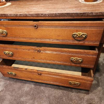 Antique Oak W Marble Top 3 Drawer Chest Dresser with Mirror