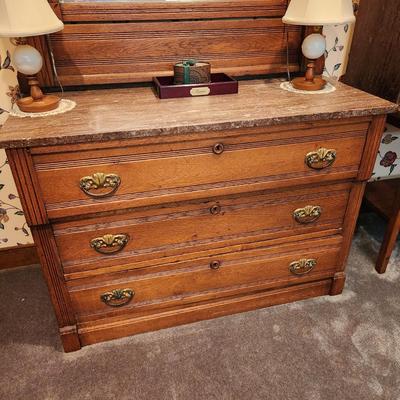 Antique Oak W Marble Top 3 Drawer Chest Dresser with Mirror