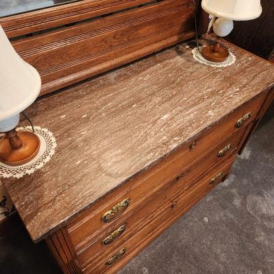 Antique Oak W Marble Top 3 Drawer Chest Dresser with Mirror