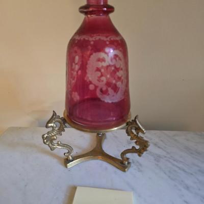 Etched Cranberry glass bottle