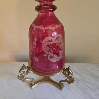 Etched Cranberry glass bottle
