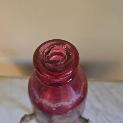 Etched Cranberry glass bottle