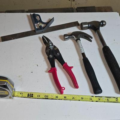 Lot of Everyday Hand Tools – Hammers, Tin Snips, Tape Measure & Square