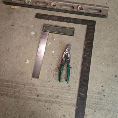 Lot of Hand Tools – Square, Level, Framing Square & Tin Snips