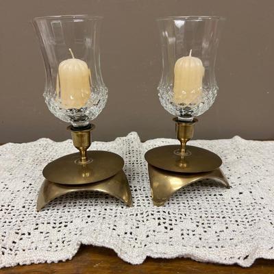 Two Brass and Glass Candle Holders