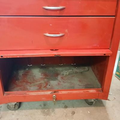 Vintage Waterloo Red Metal Rolling Tool Chest – 4 Drawers + Caster Wheels