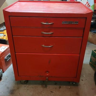 Vintage Waterloo Red Metal Rolling Tool Chest – 4 Drawers + Caster Wheels