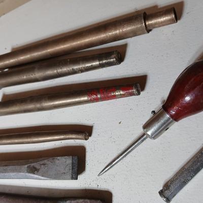 Lot of 14 Vintage Hand Tools – Punches, Chisels, Awl, and More