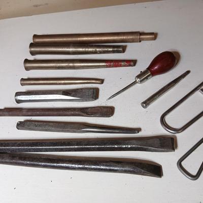 Lot of 14 Vintage Hand Tools – Punches, Chisels, Awl, and More
