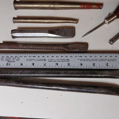 Lot of 14 Vintage Hand Tools – Punches, Chisels, Awl, and More