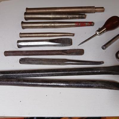 Lot of 14 Vintage Hand Tools – Punches, Chisels, Awl, and More