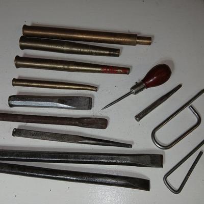 Lot of 14 Vintage Hand Tools – Punches, Chisels, Awl, and More