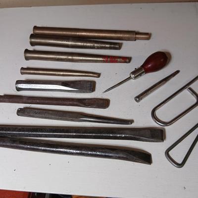 Lot of 14 Vintage Hand Tools – Punches, Chisels, Awl, and More