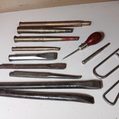 Lot of 14 Vintage Hand Tools – Punches, Chisels, Awl, and More