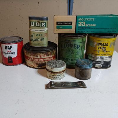 Lot of Vintage Industrial Grease, Compounds & Repair Kits – DAP, Molykote, Clover, Carborundum - Collectible vintage tins !!