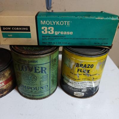Lot of Vintage Industrial Grease, Compounds & Repair Kits – DAP, Molykote, Clover, Carborundum - Collectible vintage tins !!