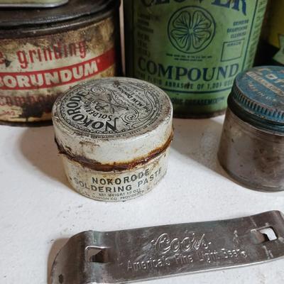 Lot of Vintage Industrial Grease, Compounds & Repair Kits – DAP, Molykote, Clover, Carborundum - Collectible vintage tins !!