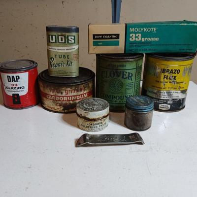 Lot of Vintage Industrial Grease, Compounds & Repair Kits – DAP, Molykote, Clover, Carborundum - Collectible vintage tins !!