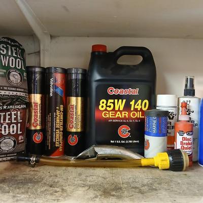 Lot of Automotive Maintenance Supplies – Gear Oil, Grease Tubes, Steel Wool & More