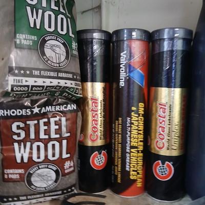 Lot of Automotive Maintenance Supplies – Gear Oil, Grease Tubes, Steel Wool & More