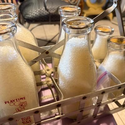 Vintage/Antique 8 Compartment Milk Carrier w/8 Collector Bottles included as Pictured.
